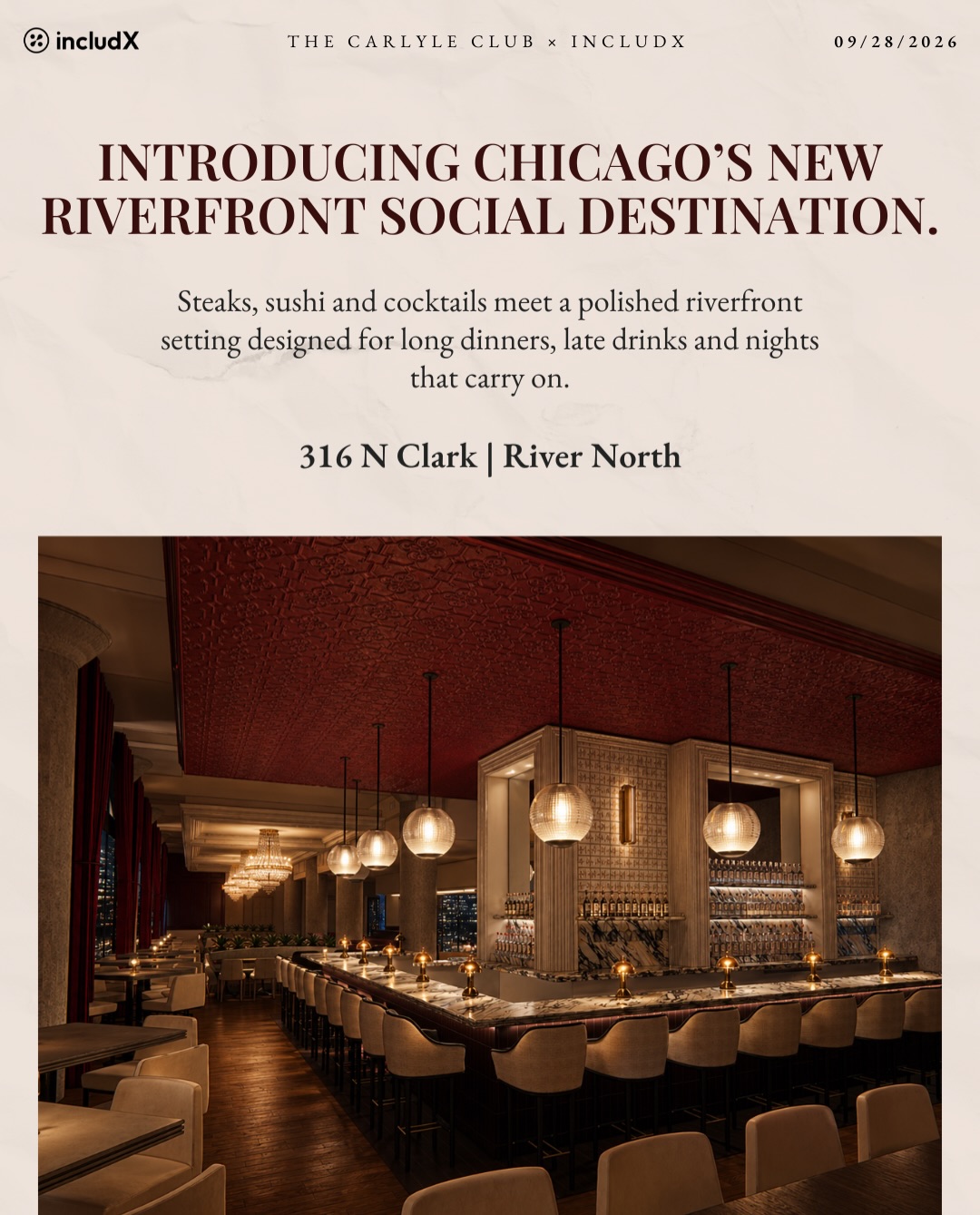 The Carlyle Club × includX — Chicago River North Interiorul The Carlyle Club din Chicago, prezentat de includX